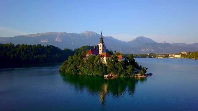 Aerial view of Lake Bled, Castle Bled and Julian Alps in Slovenia. 