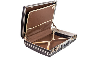 used and dirty old fashion black plastic suitcase or briefcase isolated on white background, open...