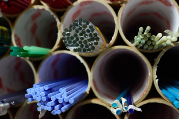 Workpieces of colorful glass sticks for lampworking put together in bunches