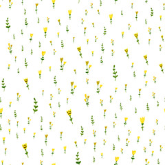 Hand drawn seamless pattern with tiny yellow flowers and green leaves. Marker / Watercolor illustration