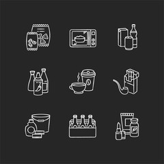 Grocery categories chalk white icons set on black background. Snacks in packets. Ready meal. Beverage types. Chili sauces, ketchup in bottle. Tobacco products. Isolated vector chalkboard illustrations