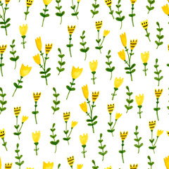 Tender hand drawn seamless pattern with yellow flowers and green branches. Marker / Watercolor illustration