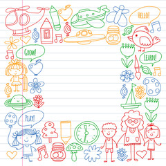 Vector icons and elements. Kindergarten, toys. Little children play, learn, grow together.