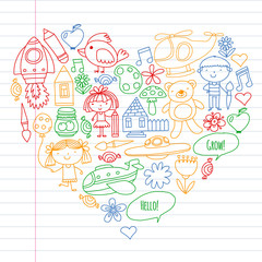 Vector icons and elements. Kindergarten, toys. Little children play, learn, grow together.