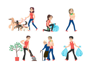 The set of six cartoon volunteer characters. Young boys and girls helping nature, old-woman and animals. Flat style vector illustration isolated on white background.