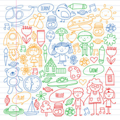 Vector icons and elements. Kindergarten, toys. Little children play, learn, grow together.