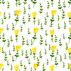 Delicate hand drawn seamless pattern with yellow flowers and green leaves. Marker / Watercolor illustration