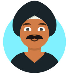  Islamic man in traditional arabic hat shemagh, khaliji or keffiyeh with mustache. Arab hat. Muslim hat. Arabic man. Arabian Turban. Hindu man. Human, flat vector illustration. Icon, character, eps.