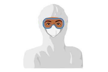 Dark skin woman personnel wearing PPE, full personal protective equipment.  Isolated portrait illustration.