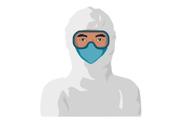 Healthcare personnel wearing PPE, full personal protective equipment. Asian man portrait illustration.