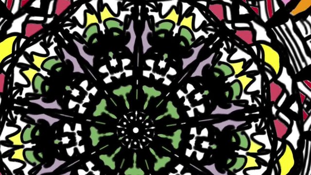 4K animation background motion rotating hand drawn colorful mandala with zoom in and zoom out effect.