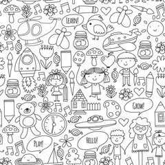 Vector icons and elements. Kindergarten, toys. Little children play, learn, grow together.