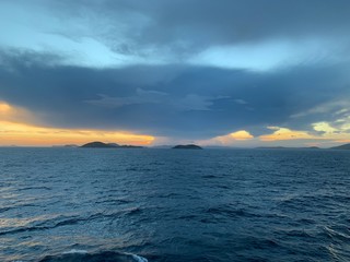 Ocean, sky, wave, ship, sunset