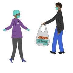 Volunteer is giving doctor sack with meal, because health workers cannot leave clinic during pandemic.