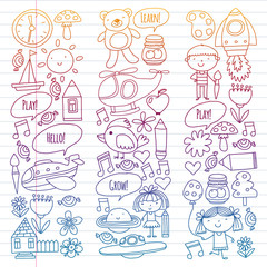 Vector icons and elements. Kindergarten, toys. Little children play, learn, grow together.