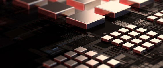 Printed circuit board futuristic server/Circuit board futuristic server code processing. Orange,  green, blue technology background with bokeh. 3d rendering