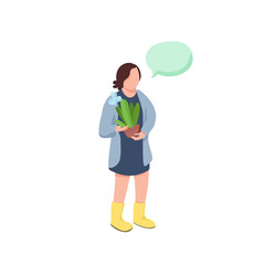 Gardener flat color vector faceless character. Woman with cactus in pot. Girl hold potter houseplant. Person with speech bubble isolated cartoon illustration for web graphic design and animation