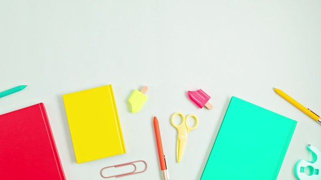 Stop motion animation with school supplies. Back to school, education, childhood, primary school concept.