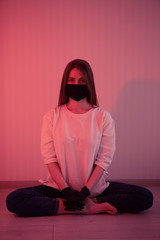  woman with mask  and gloves, isolation 2020, coronavirus
