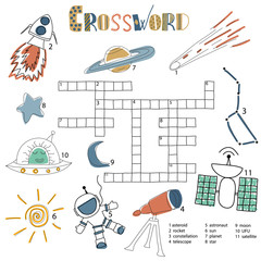 Crosswords puzzle game for preschool kids. Activity worksheet printable version. Vector hand drawn illustration. Kids activity sheet space doodle set