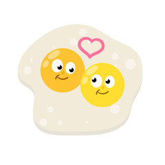 Scrambled eggs. Healthy Breakfast. Protein and yolk. Element of cooking. Children drawing with a funny face. Cartoon flat illustration. Concept of love and relationship