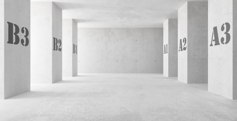 Abstract empty, modern concrete room with indirect lighting thru side pillars with numbers - industrial interior background template