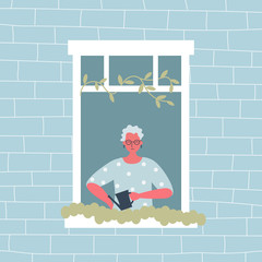 Elderly woman is watering flowers on a windowsill. The old woman at the open window. View from the street side. Funky flat style. Vector illustration © irynaalex