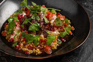 Barley porridge with, meat, mushrooms and carrots