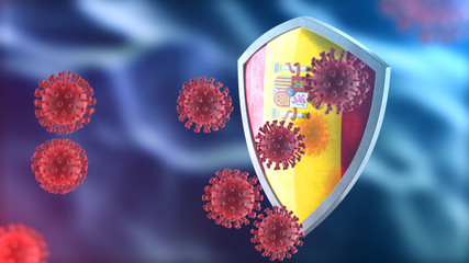 Security shield as virus protection concept. Coronavirus Sars-Cov-2 safety barrier. Shiny steel shield painted as Spanish national flag defend against cells, source of covid-19 disease.