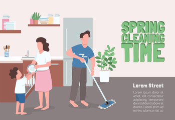 Spring cleaning time poster flat vector template. Parent and kip doing seasonal house chores. Brochure, booklet one page concept design with cartoon characters. Family routine flyer, leaflet