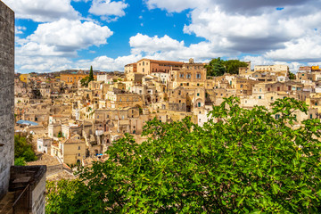 Obraz premium Scenic panoramic sunny view of Matera, Province of Matera, Basilicata Region, Italy behind a fig tree under beautiful cloudy summer sky
