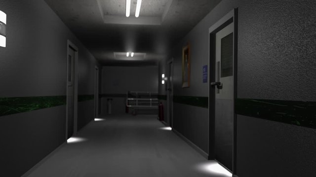 3D render, travelling down hospital corridor
