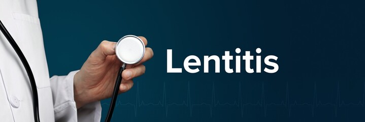 Lentitis. Arzt im Kittel hält Stethoskop. Das Wort Lentitis steht daneben. Symbol für Medizin,...