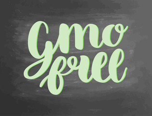 Eco GMO free chalkboard blackboard lettering writing handwritten text, chalk on a blackboard, vector illustration. Logo for healthy eat bar, restaurant, shops and printing and digital products