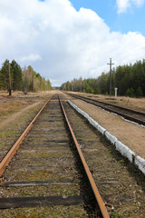Fototapeta na wymiar Spring view of old abandoned railway station and the rusty rails in the forest, Russia