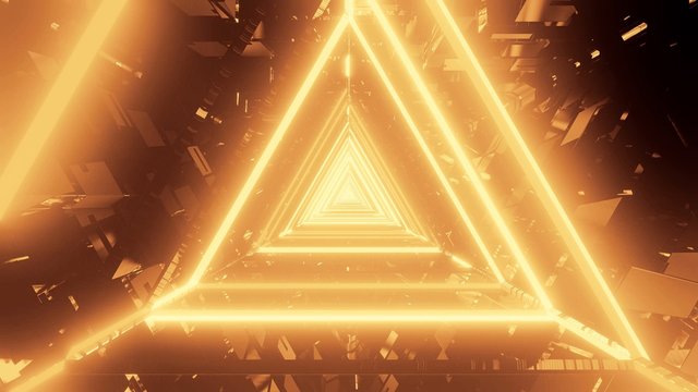 3D Rendering Of Trippy Triangular Hallway Illustration In Dark Gold Colors