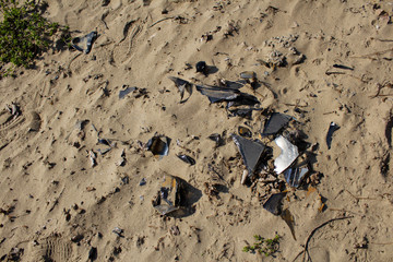 ecological concept of ecology, garbage in the forest, glass fragments lying in the ground and grass