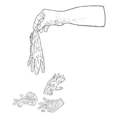 Un proper and bad disposal of used medical gloves. Littering of hazardous  contaminated bio waste disposal in the wrong way. Coronavirus COVID-19 prevention advice drawing.
