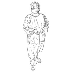 Doctor or nurse in the protective suit, medical mask and rubber gloves. Long hard working day in the hospital during COVID-19 coronavirus outbreak pandemic. Essential healthcare workers are heroes.