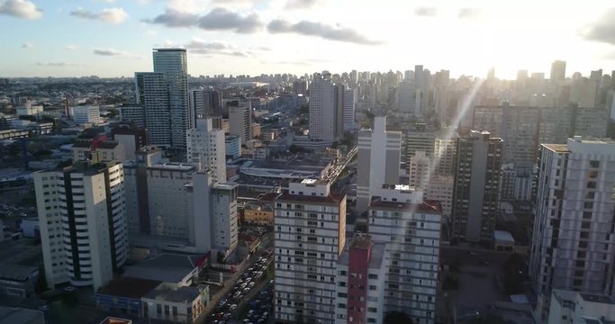Drone view of the Curitiba Skyline in the sunset