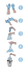 Personal hygiene, disease prevention, proper disposal of used medical gloves and healthcare educational recommendations step by step infographic drawing . Numbered steps.