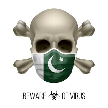 Human Skull with Crossbones and Surgical Mask in the Color of National Flag Pakistan. Mask in Form of the Pakistani Flag and Skull as Concept of Dire Warning that the Viral Disease Can be Fatal