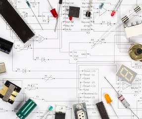 Different electronic parts or components on pcb wiring scheme with resistors, capacitors, diode and...