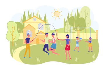 Obraz na płótnie Canvas BOys and Girls on Children Summer Camp Playground.