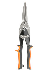 Closed scissors for metal with rubber handles with orange inserts isolated on a white background
