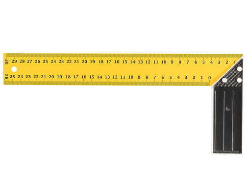 Yellow and black Metal construction square triangle ruler isolated on white background

