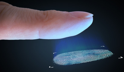 Scanning fingerprint from finger. Biometric and security concept.