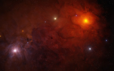 Stars in red nebula in outer space. 3D rendered illustration.