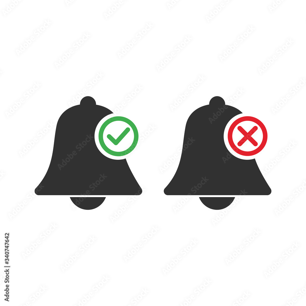 Poster an active alarm bell or notofication icon with checkmark, deactivated alarm with cross icon for your