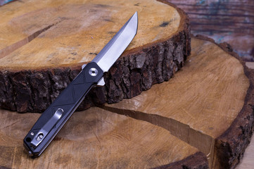 Folding knife on wooden slices. Knife and alder tree. Pocket knife with a clip.